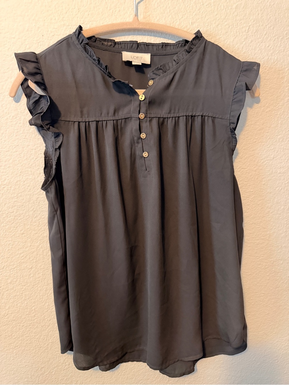 LOFT Black Ruffle Cap-Sleeve Button Henley Top